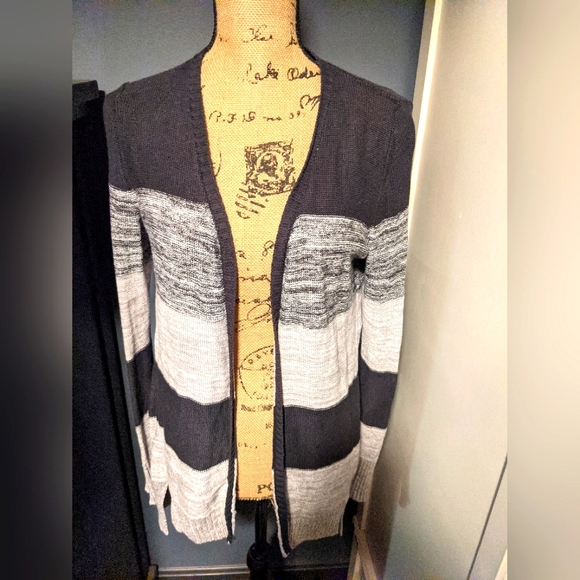 Belldini Sweaters - Belldini, Gray Striped Open Cardigan, Women's Size Small